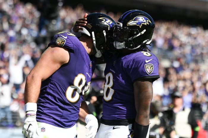 Oct 22, 2023; Baltimore, Maryland, USA; Baltimore Ravens tight end Mark Andrews (89) celebrates with quarterback Lamar Jackson (8) after scoring a touchdown against the Detroit Lions at M&T Bank Stadium.